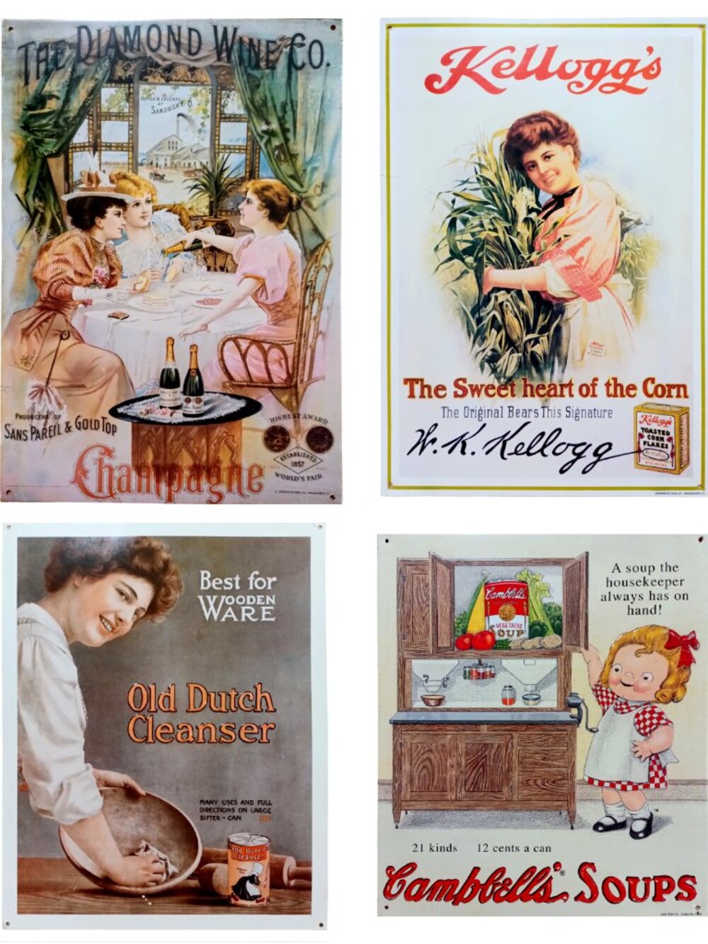 4x Large Vintage Tin Advertising Signs Campbells Diamond Wine Kelloggs Old Dutch